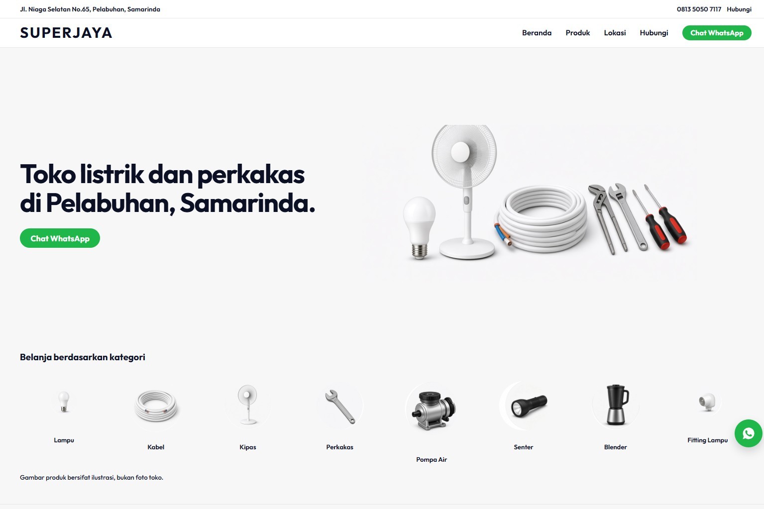 Superjaya site with product categories and a WhatsApp button